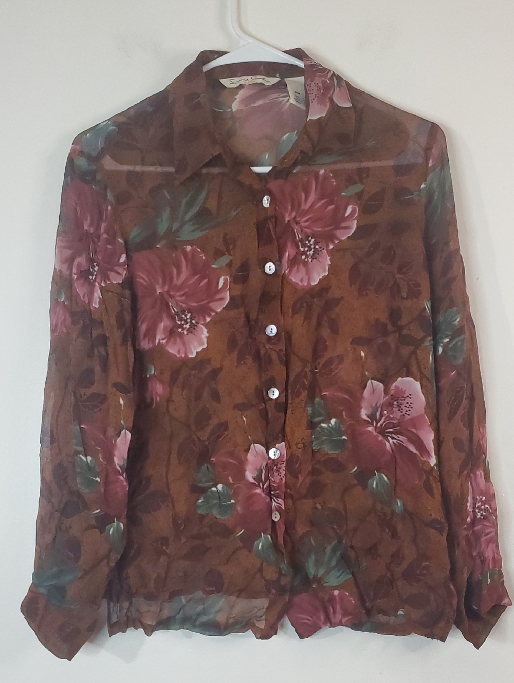 French Laundry Silk Brown Sheer Floral Button-Front Blouse Pink Blooms Size MP